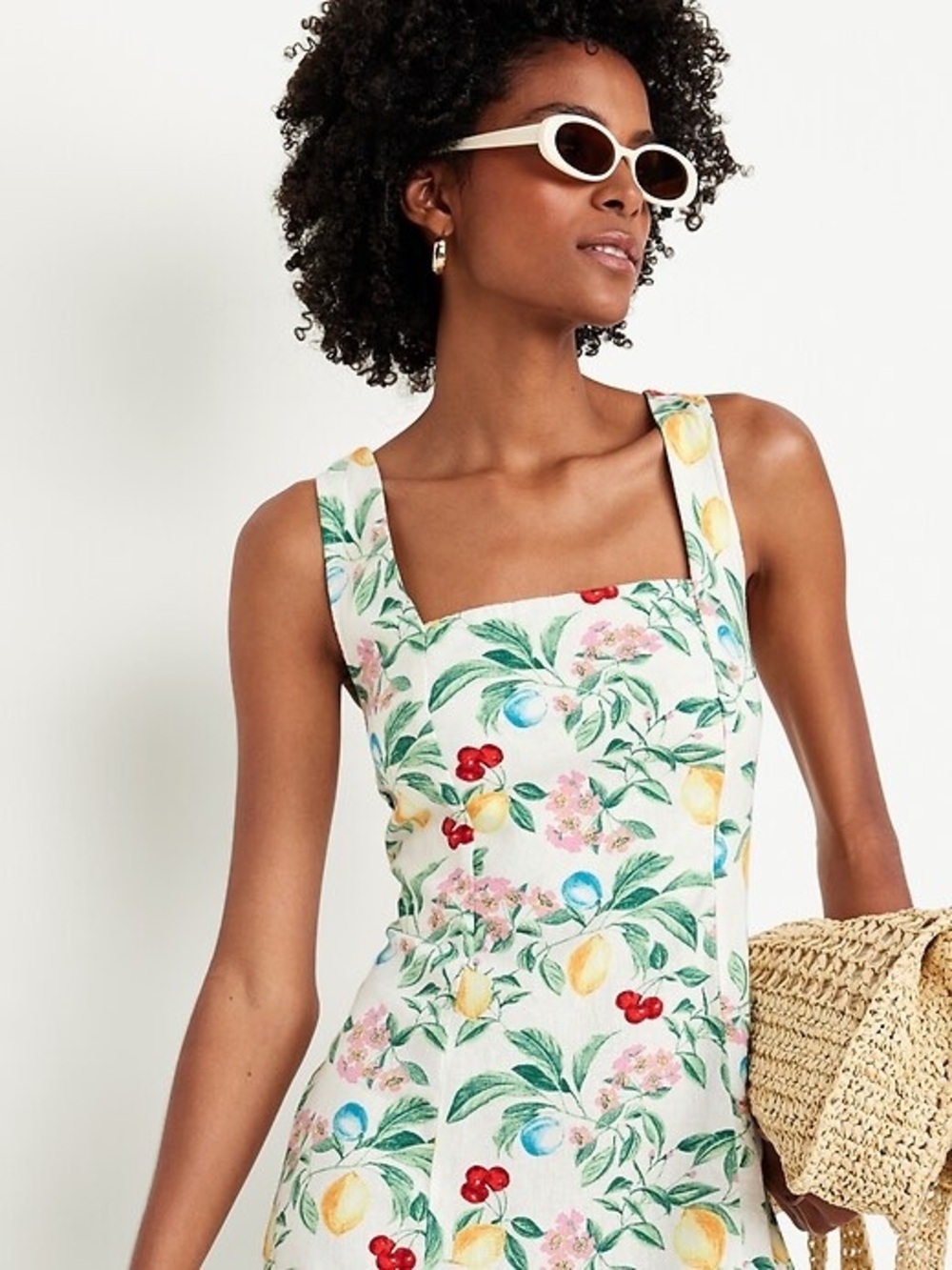 Old Navy Linen Floral & Fruit Print Sundress — White with Yellow, Green & Red